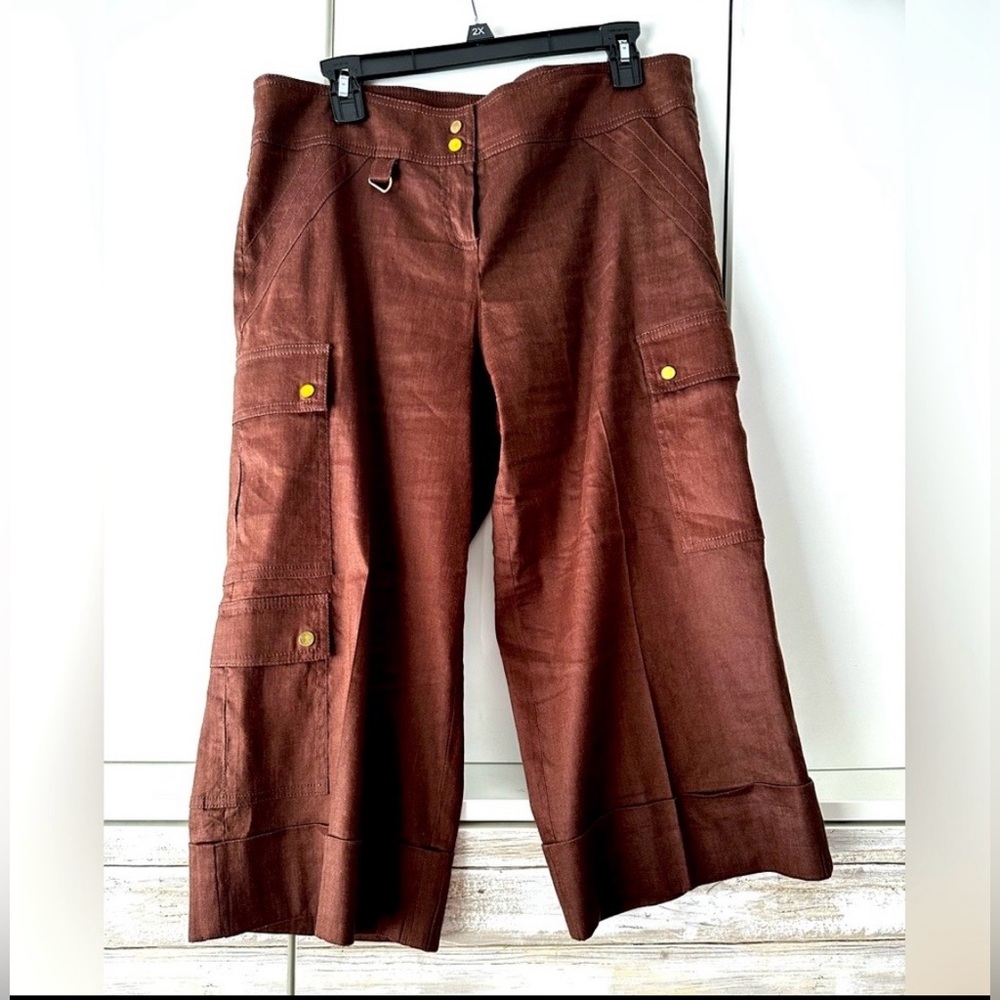 Vintage Cache Linen Blend Wide Leg Cargo Pants Size 10 Brown Cropped